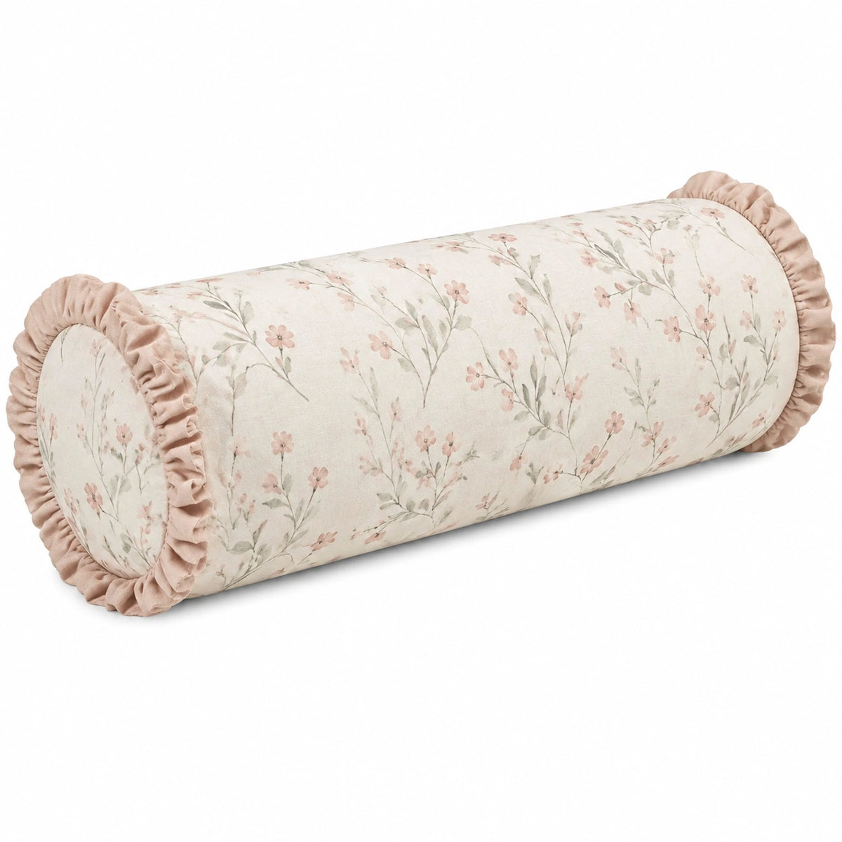 Cuscino cilindrico 20 x 50 cm in tessuto beige floreale con volant decorativo