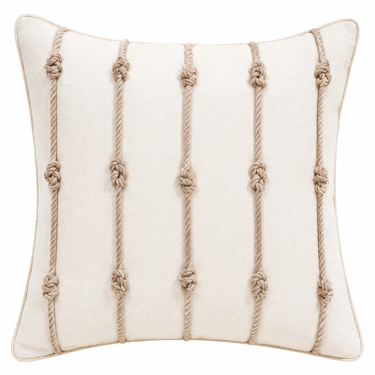 Cuscino decorativo quadrato 45 x 45 cm in cotone avorio con corde annodate stile boho
