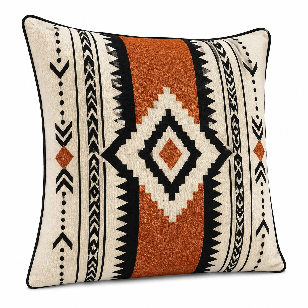 Cuscino decorativo 45 cm in tessuto beige nero e arancione con motivo geometrico