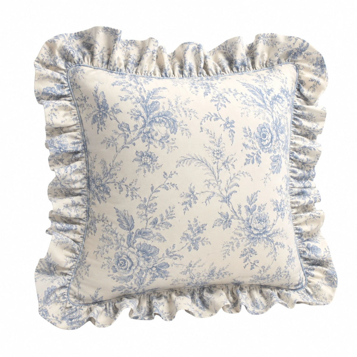 Cuscino decorativo quadrato 45 cm in tessuto bianco e azzurro con volant floreale classico
