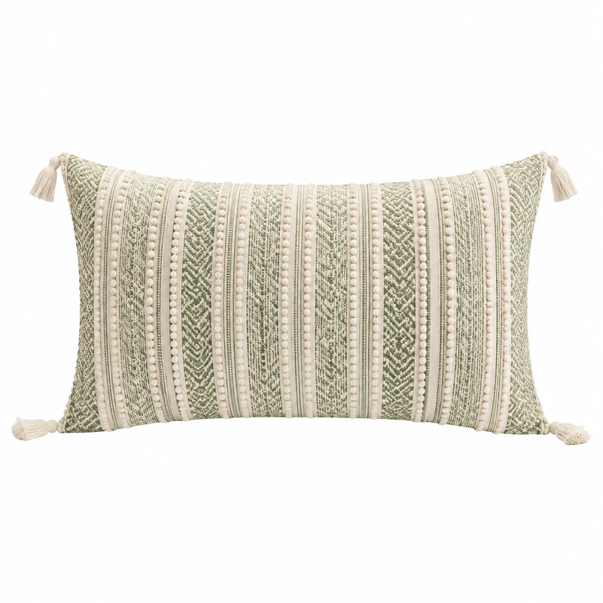 Cuscino decorativo rettangolare 50 x 30 cm in tessuto verde salvia e avorio - stile boho con nappe