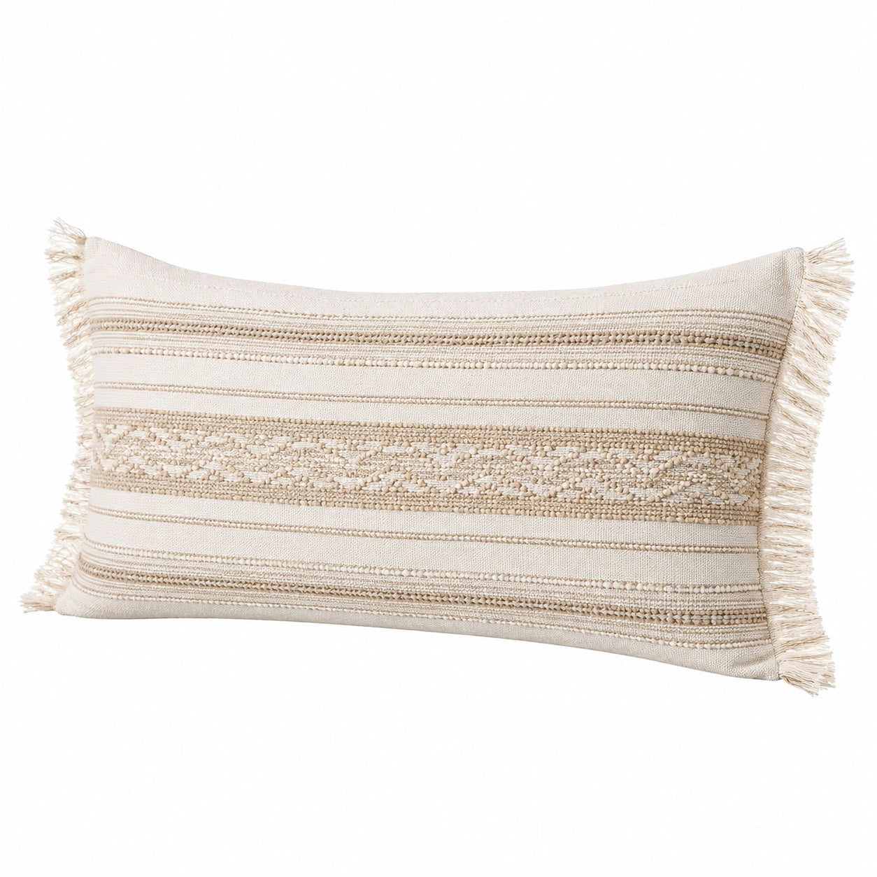 Cuscino decorativo 50 x 30 cm in tessuto beige con frange stile boho per divano