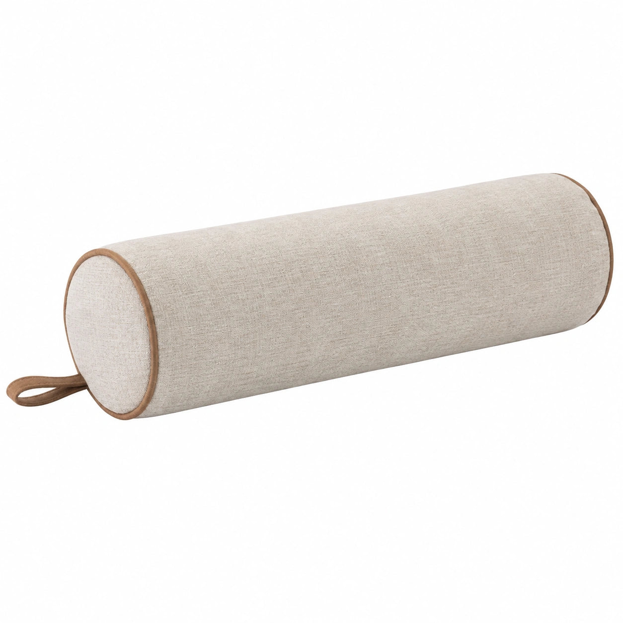 Cuscino cilindrico 20 x 60 cm in tessuto beige con bordino marrone per supporto decorativo