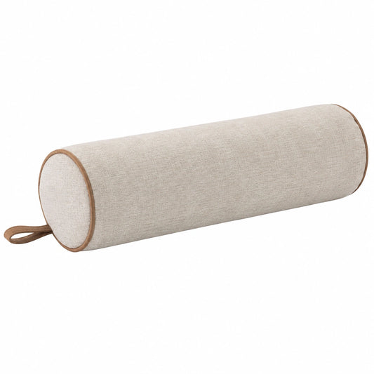 Cuscino cilindrico 20 x 60 cm in tessuto beige con bordino marrone per supporto decorativo