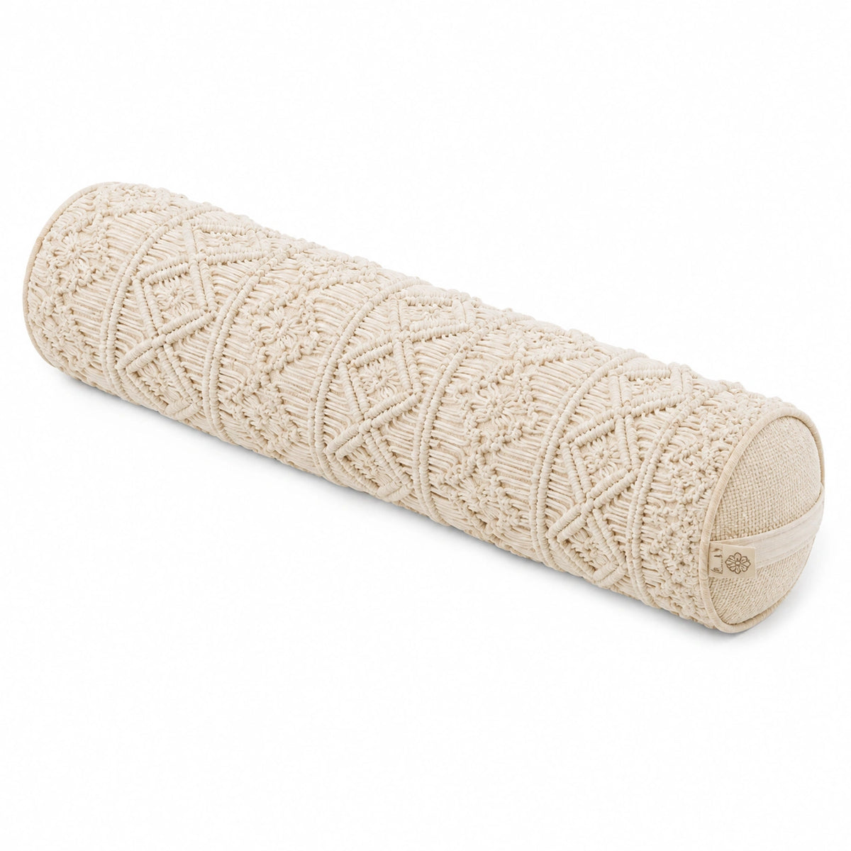 Cuscino cilindrico 15 x 50 cm in cotone avorio con rivestimento macramè decorativo