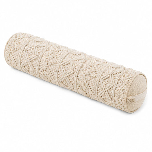 Cuscino cilindrico 15 x 50 cm in cotone avorio con rivestimento macramè decorativo