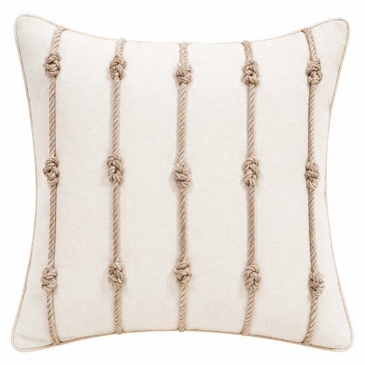 Cuscino decorativo quadrato 45 x 45 cm in cotone avorio con corde annodate stile boho