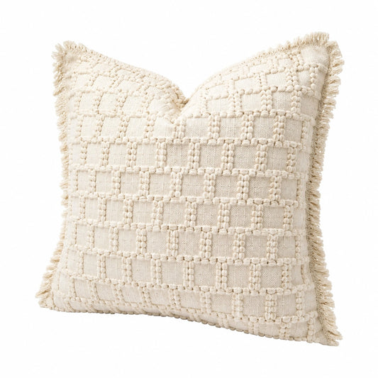 Cuscino decorativo quadrato 45 x 45 cm in cotone avorio con frange - stile boho