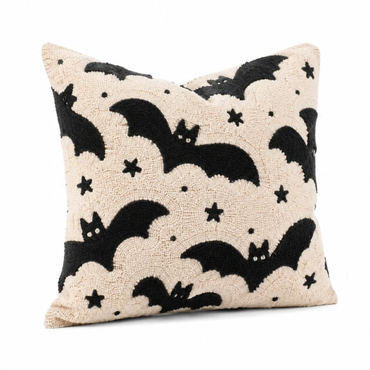 Cuscino decorativo quadrato 45 cm in cotone beige e nero con motivo pipistrelli