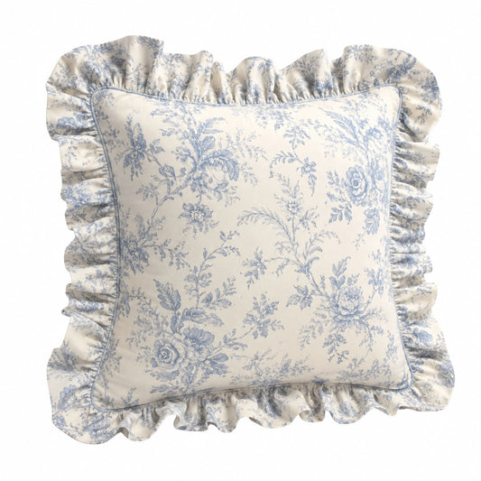 Cuscino decorativo quadrato 45 cm in tessuto bianco e azzurro con volant floreale classico
