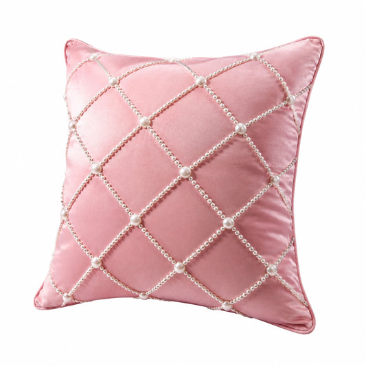 Cuscino decorativo 45 cm in tessuto satinato rosa con perline stile glamour