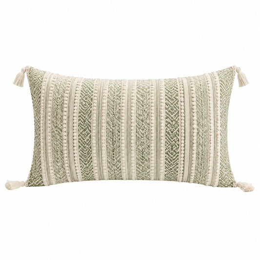 Cuscino decorativo rettangolare 50 x 30 cm in tessuto verde salvia e avorio - stile boho con nappe