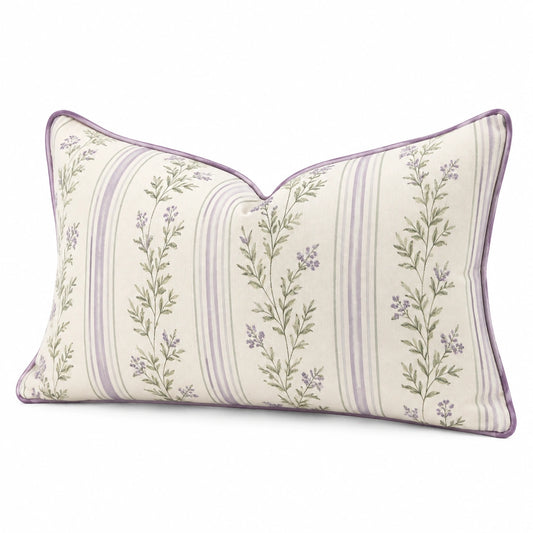 Cuscino decorativo rettangolare 50 x 30 cm in tessuto avorio lilla a righe floreali