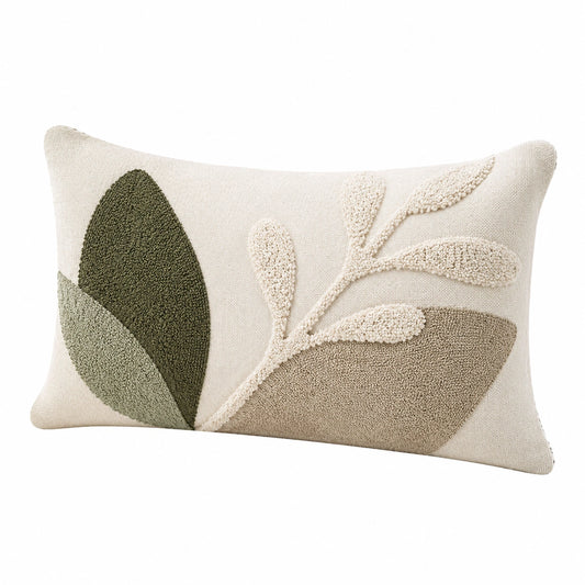 Cuscino decorativo rettangolare 50 x 30 cm in tessuto beige verde con motivo botanico in rilievo