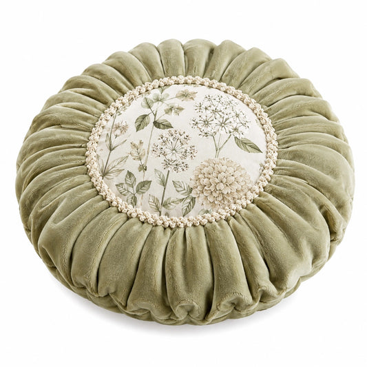 Cuscino decorativo rotondo 45 cm in velluto verde salvia con motivo floreale