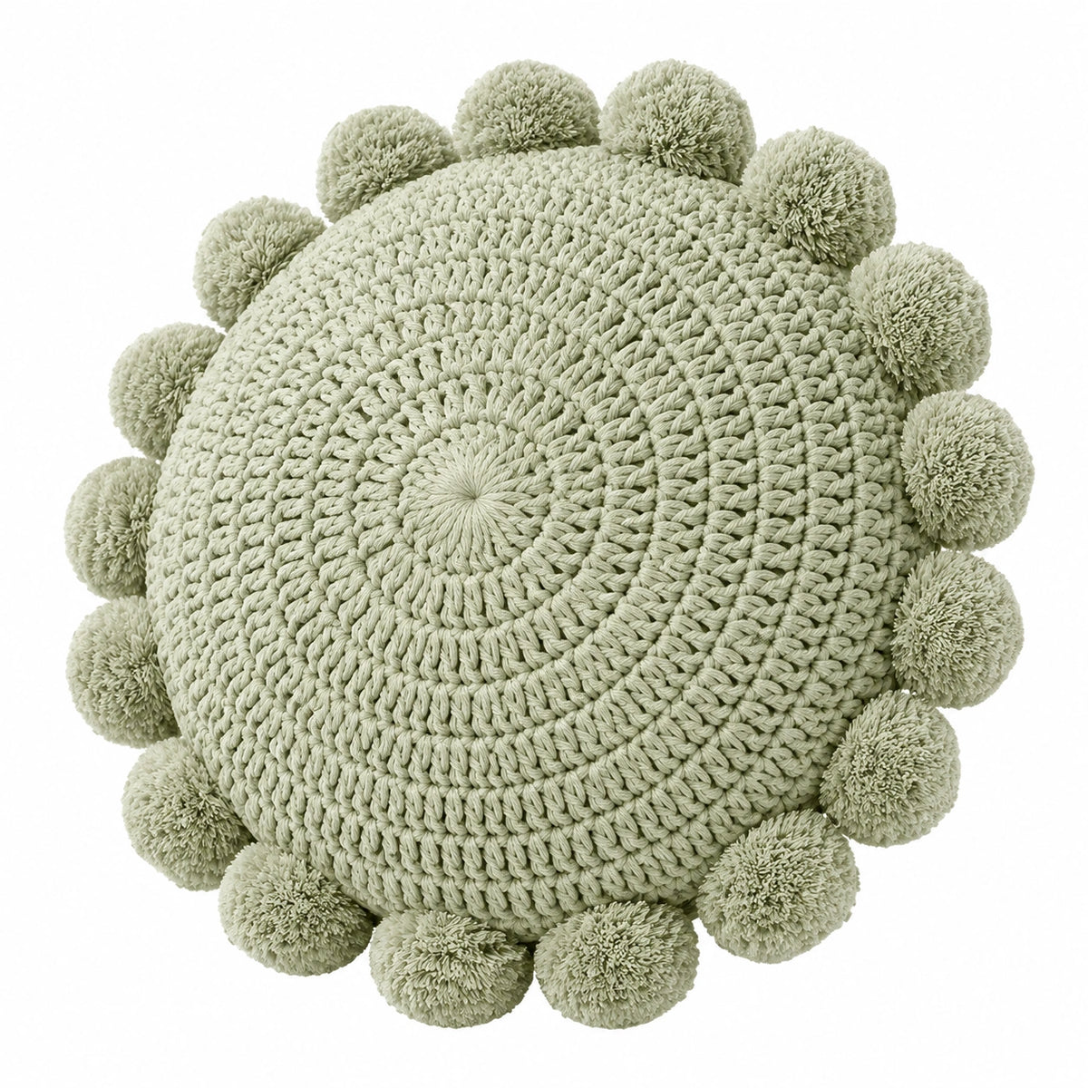 Cuscino decorativo rotondo 40 cm in tessuto intrecciato verde salvia con pon pon