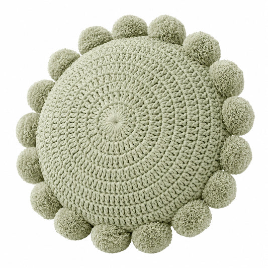 Cuscino decorativo rotondo 40 cm in tessuto intrecciato verde salvia con pon pon