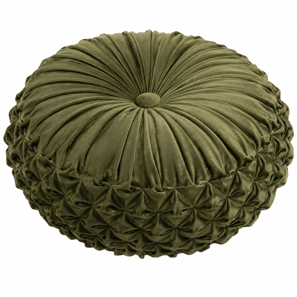 Cuscino rotondo diametro 45 cm in velluto verde oliva con pieghe decorative