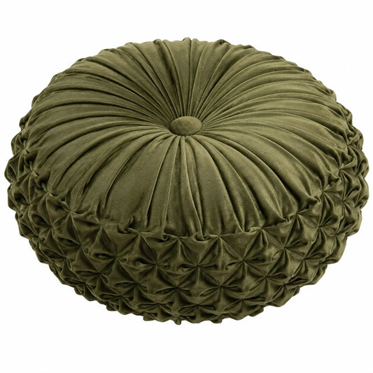 Cuscino rotondo diametro 45 cm in velluto verde oliva con pieghe decorative